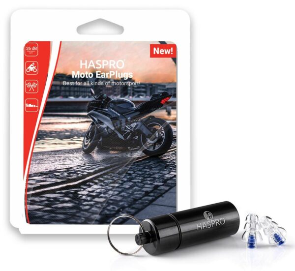 HASPRO Moto ausų kištukai motociklininkams, pakuotė ir aliumininis dėklas