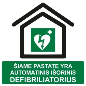 Lipdukas „Šiame pastate yra automatinis išorinis defibriliatorius“