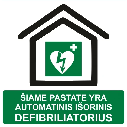 Lipdukas „Šiame pastate yra automatinis išorinis defibriliatorius“